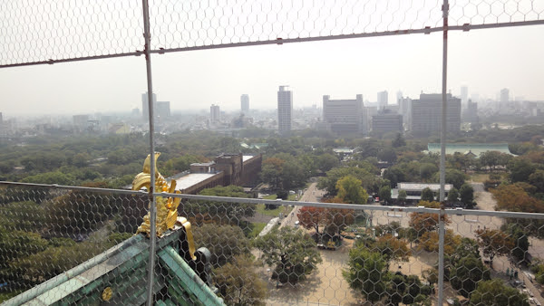 from the front, mostly trees are in view with the city in the distance.  a golden fish ornament is visible on a lower roof